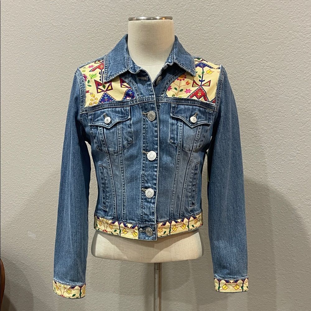 Upcycled blue jean jacket with yellow tribal fabric inserts, juniors size 7/9